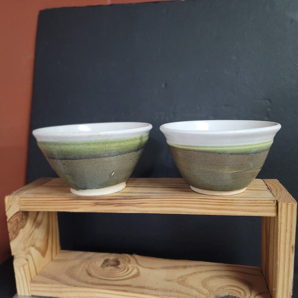 Lot of 2 handmade art pottery studio tea bowls Earthtones Green white sand Clay